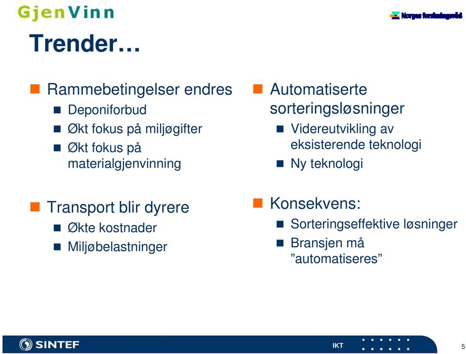 av eksisterende teknologi Ny teknologi Transport blir dyrere Økte kostnader