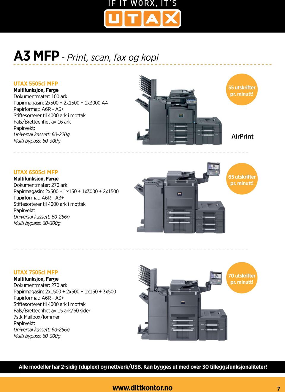 UTAX 6505ci MFP Multifunksjon, Farge Dokumentmater: 270 ark Papirmagasin: 2x500 + 1x150 + 1x3000 + 2x1500 Papirformat: A6R - A3+ Stiftesorterer til 4000 ark i mottak Papirvekt: Universal kassett: