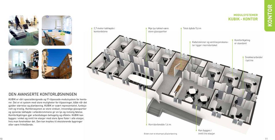 Det er et system med store muligheter for tilpasninger, både når det gjelder størrelse og planløsning. KUBIK er svært representativt, funksjonelt og trivelig.