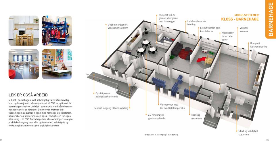 Modulsystemet KLOSS er optimert for barnehagens behov, utviklet i samarbeid med både barnehagepersonell og foreldre.