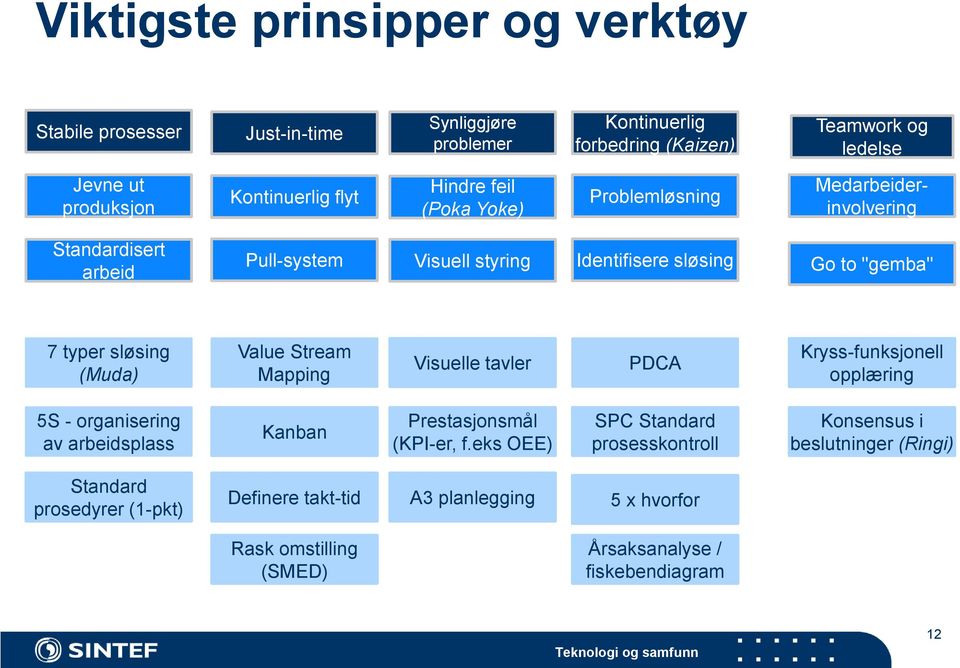 (Muda) Value Stream Mapping Visuelle tavler PDCA Kryss-funksjonell opplæring 5S - organisering av arbeidsplass Kanban Prestasjonsmål (KPI-er, f.