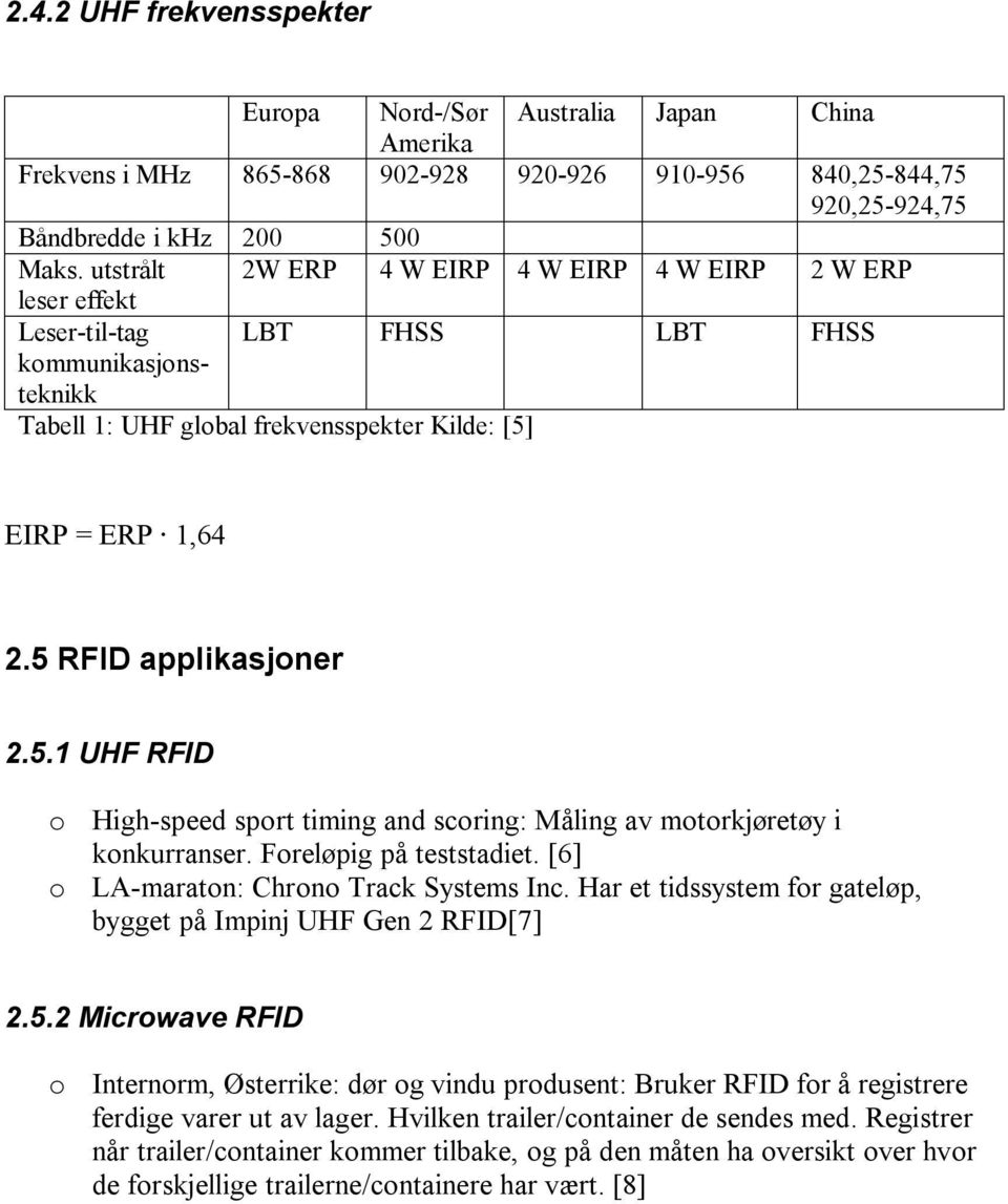 5 RFID applikasjoner 2.5.1 UHF RFID o High-speed sport timing and scoring: Måling av motorkjøretøy i konkurranser. Foreløpig på teststadiet. [6] o LA-maraton: Chrono Track Systems Inc.