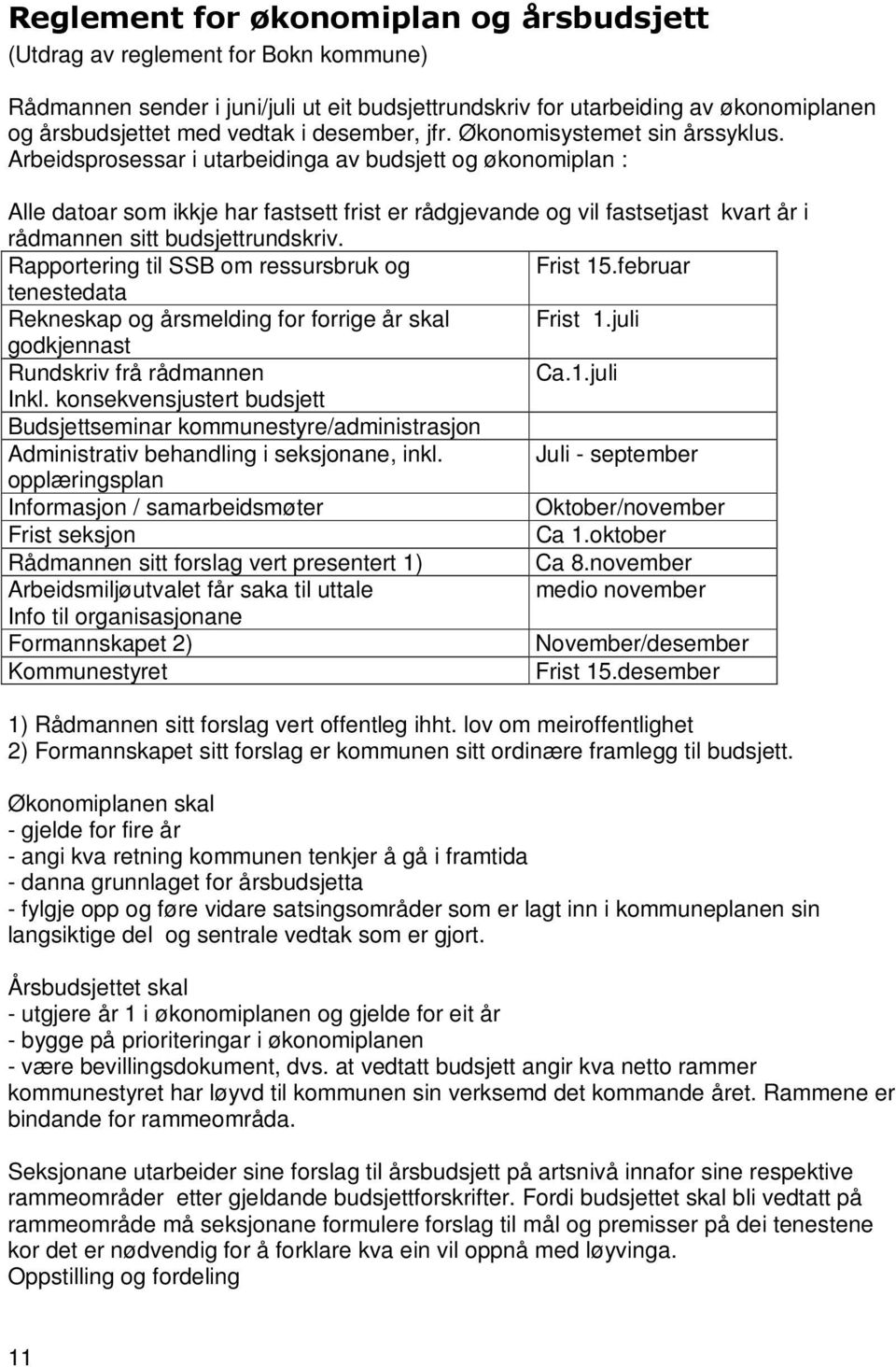 Arbeidsprosessar i utarbeidinga av budsjett og økonomiplan : Alle datoar som ikkje har fastsett frist er rådgjevande og vil fastsetjast kvart år i rådmannen sitt budsjettrundskriv.