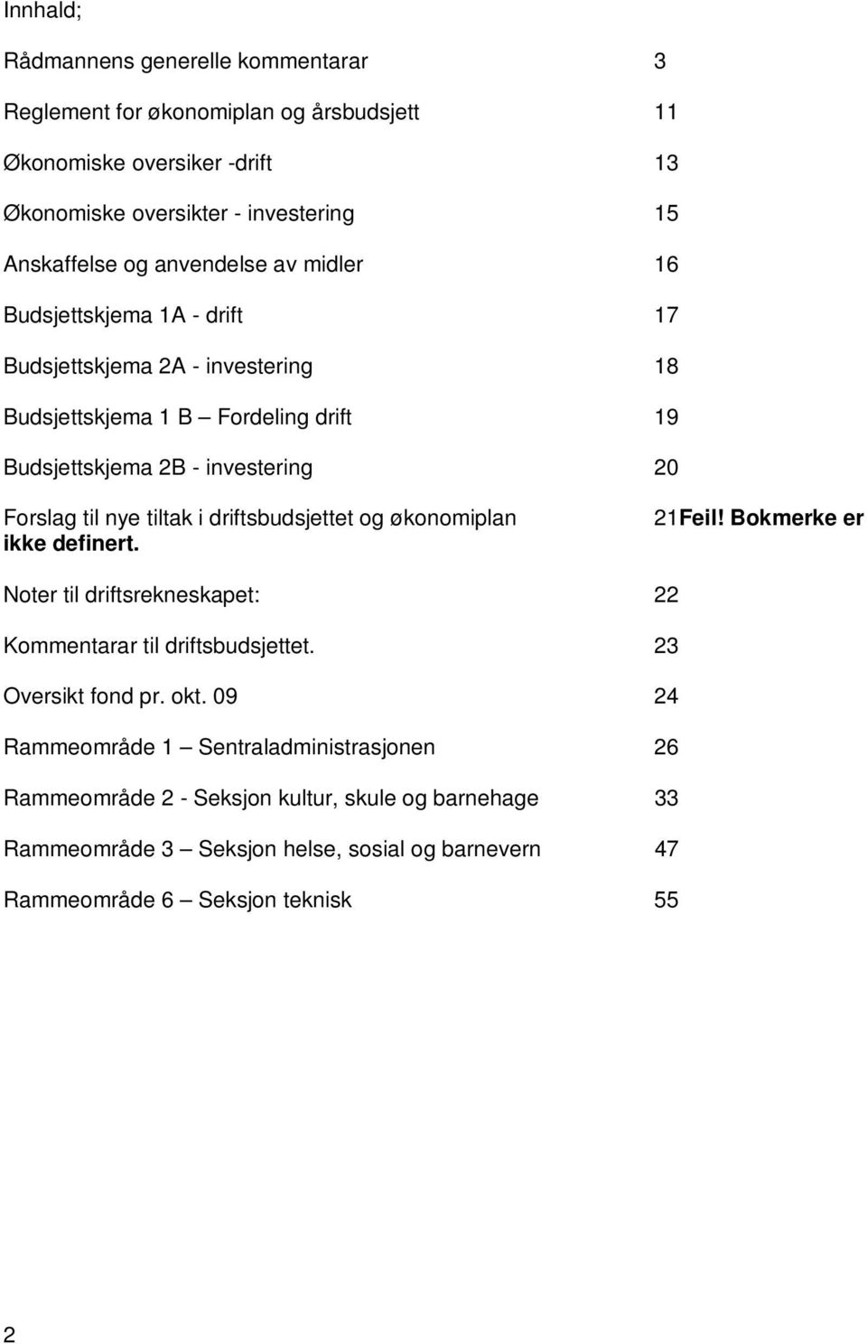 tiltak i driftsbudsjettet og økonomiplan ikke definert. 21Feil! Bokmerke er Noter til driftsrekneskapet: 22 Kommentarar til driftsbudsjettet. 23 Oversikt fond pr. okt.