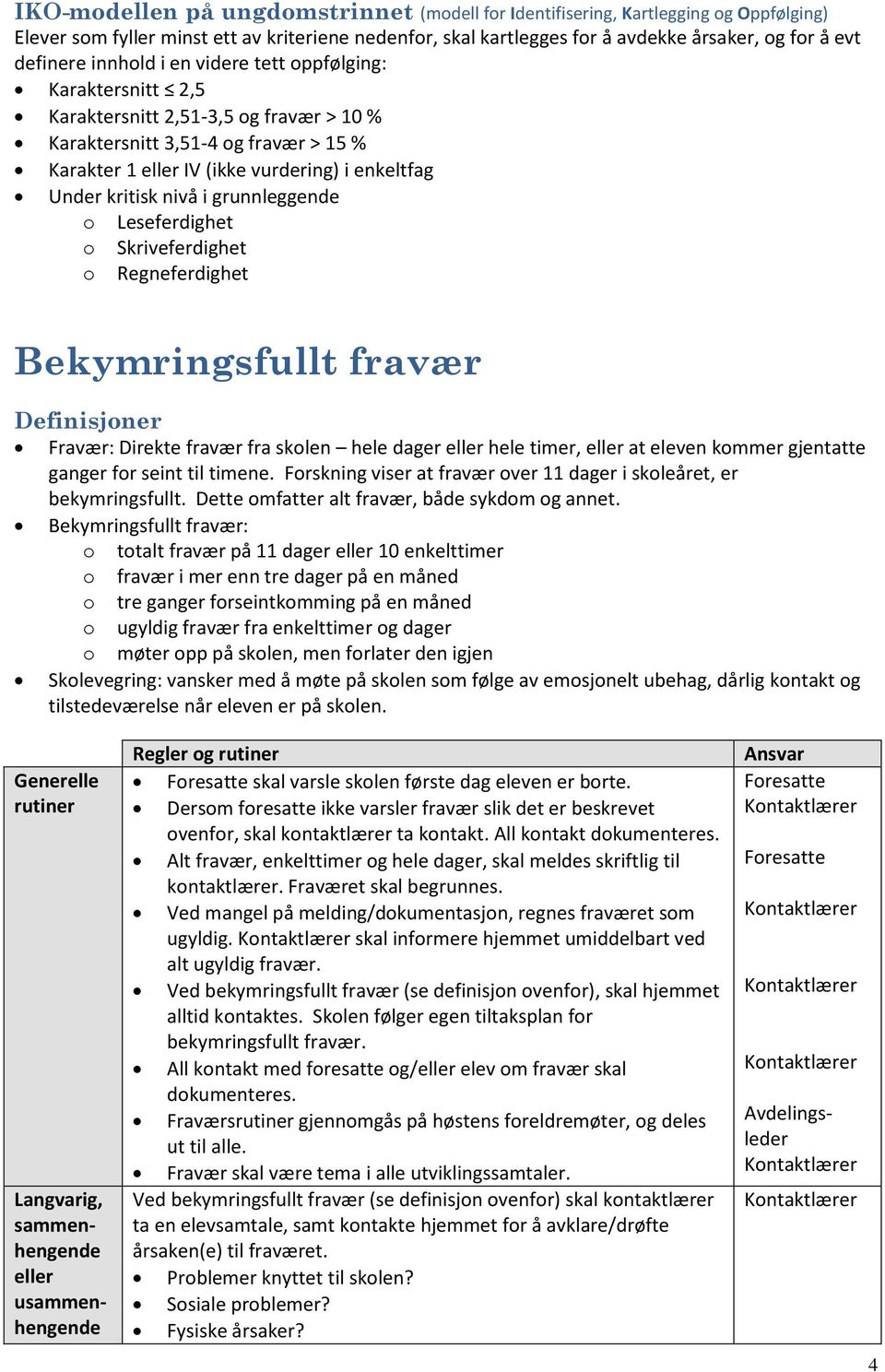 nivå i grunnleggende o Leseferdighet o Skriveferdighet o Regneferdighet Bekymringsfullt fravær Definisjoner Fravær: Direkte fravær fra skolen hele dager eller hele timer, eller at eleven kommer