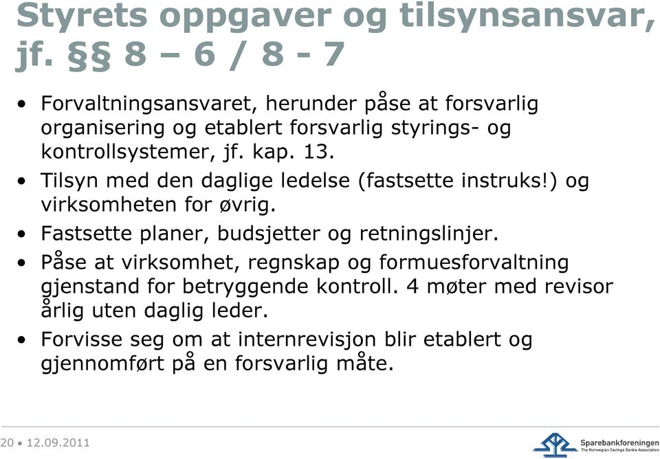 13. Tilsyn med den daglige ledelse (fastsette instruks!) og virksomheten for øvrig. Fastsette planer, budsjetter og retningslinjer.