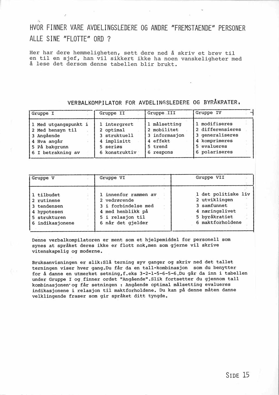 VERBALKOMPj LATOR FOR AVDEL I NGSLEDERE OG BYRÂKRATER i Gruppe I Gruppe II Gruppe.