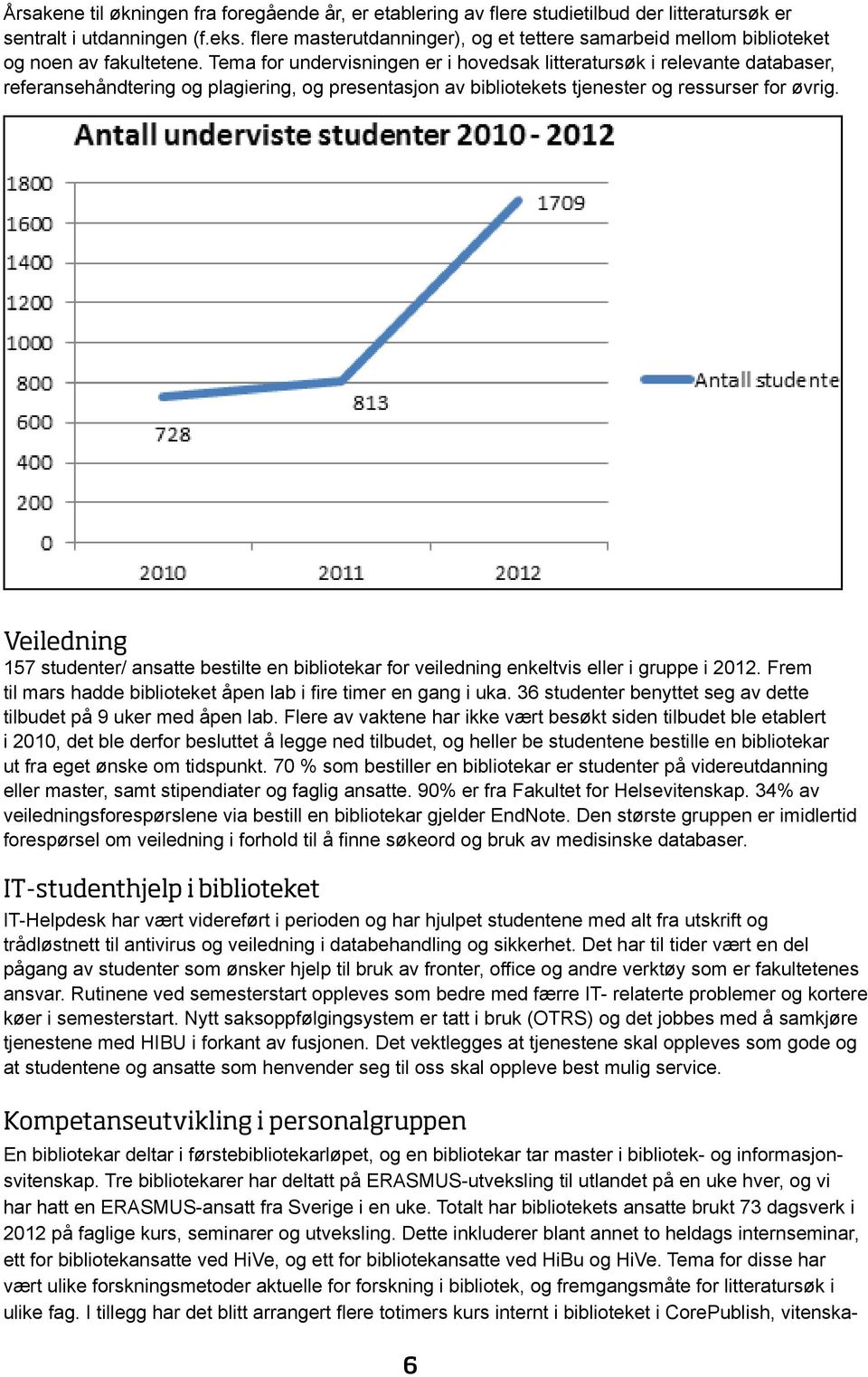 Tema for undervisningen er i hovedsak litteratursøk i relevante databaser, referansehåndtering og plagiering, og presentasjon av bibliotekets tjenester og ressurser for øvrig.