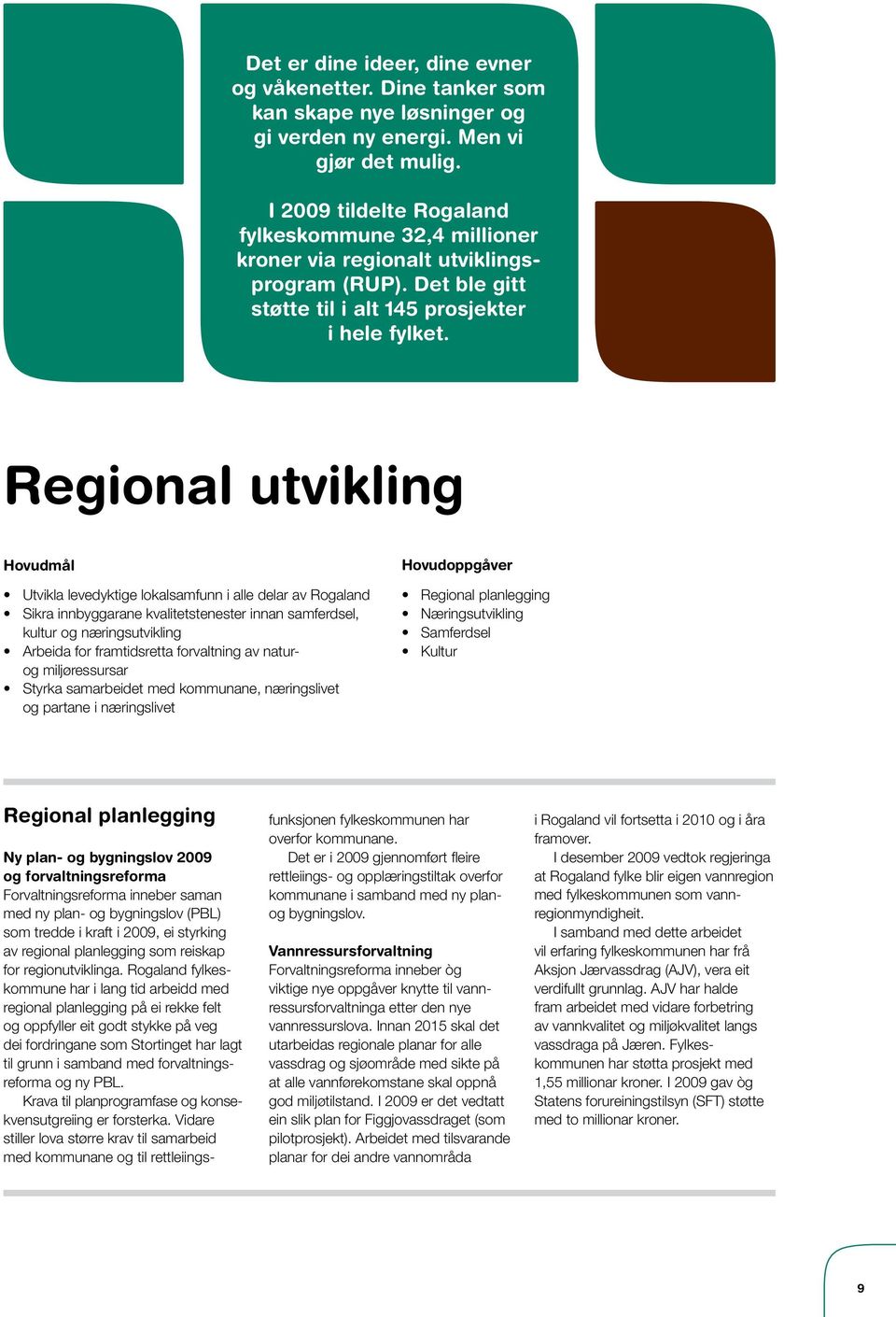 Regional utvikling Hovudmål Hovudoppgåver Utvikla levedyktige lokalsamfunn i alle delar av Rogaland Sikra innbyggarane kvalitetstenester innan samferdsel, kultur og næringsutvikling Arbeida for