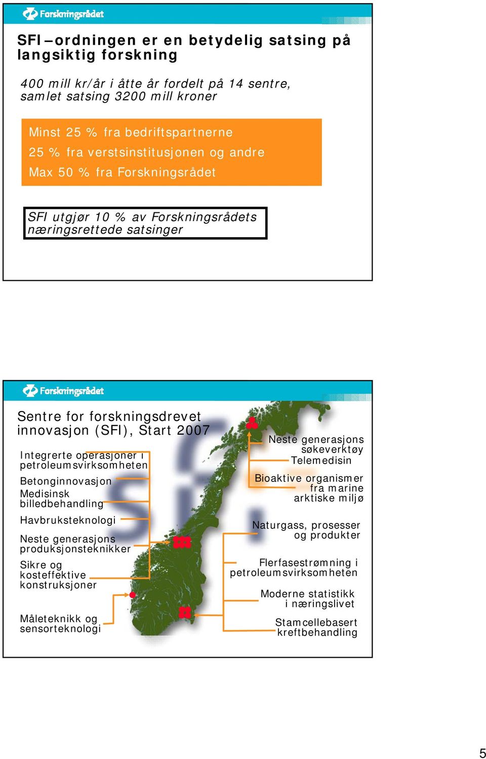 i petroleumsvirksomheten Betonginnovasjon Medisinsk billedbehandling Havbruksteknologi Neste generasjons produksjonsteknikker Sikre og kosteffektive konstruksjoner Måleteknikk og sensorteknologi