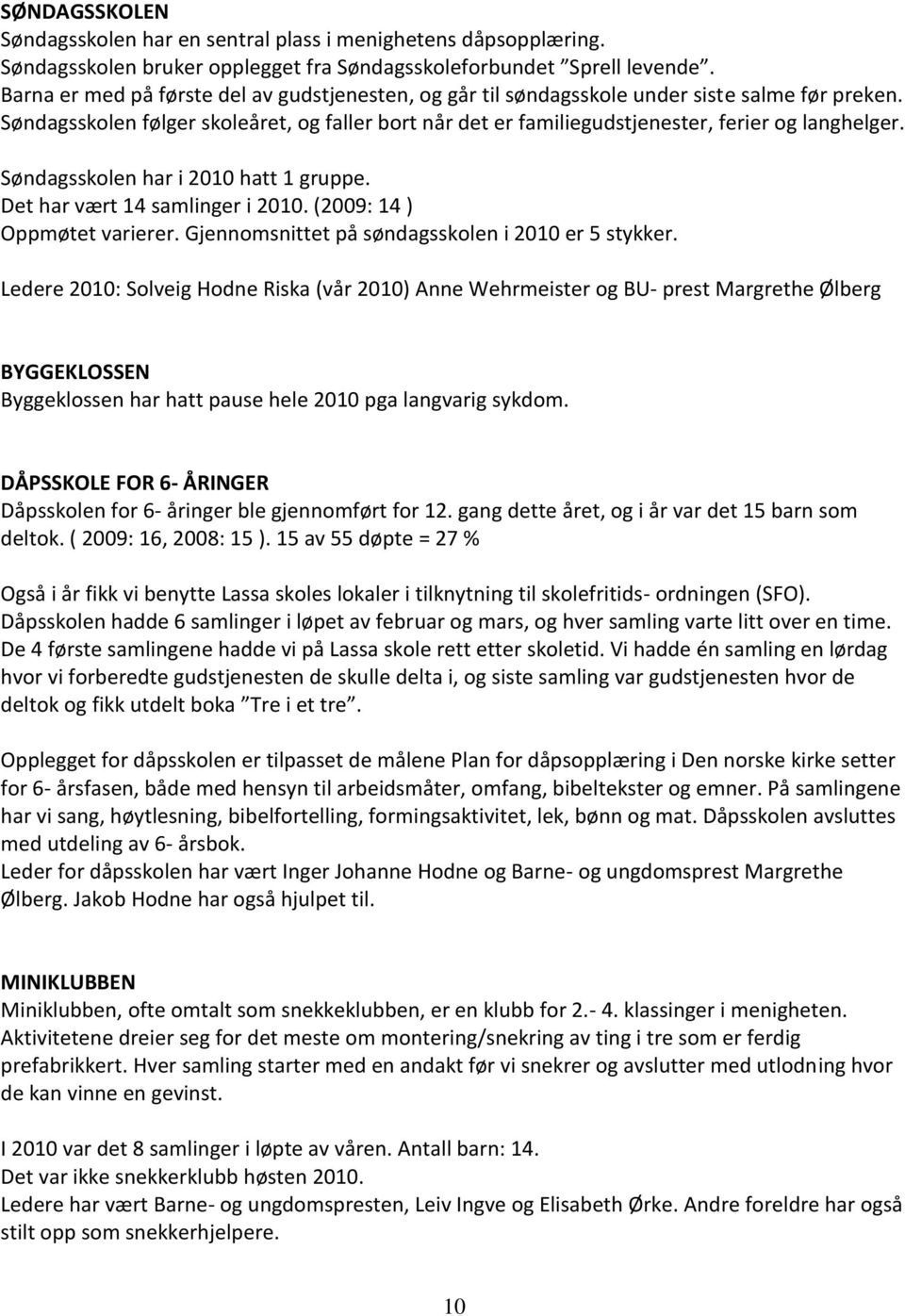 Søndagsskolen har i 2010 hatt 1 gruppe. Det har vært 14 samlinger i 2010. (2009: 14 ) Oppmøtet varierer. Gjennomsnittet på søndagsskolen i 2010 er 5 stykker.