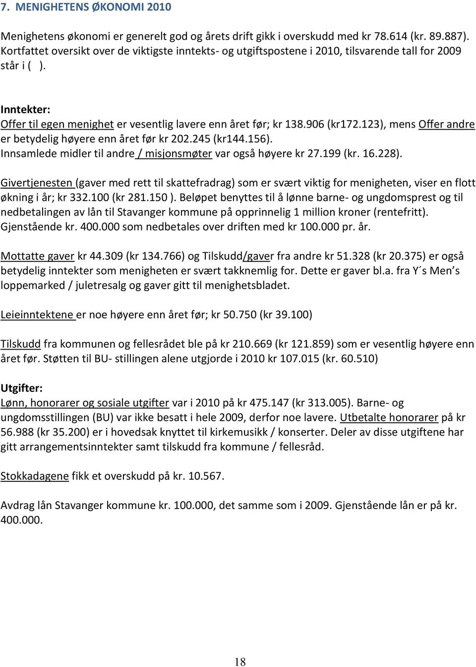 123), mens Offer andre er betydelig høyere enn året før kr 202.245 (kr144.156). Innsamlede midler til andre / misjonsmøter var også høyere kr 27.199 (kr. 16.228).