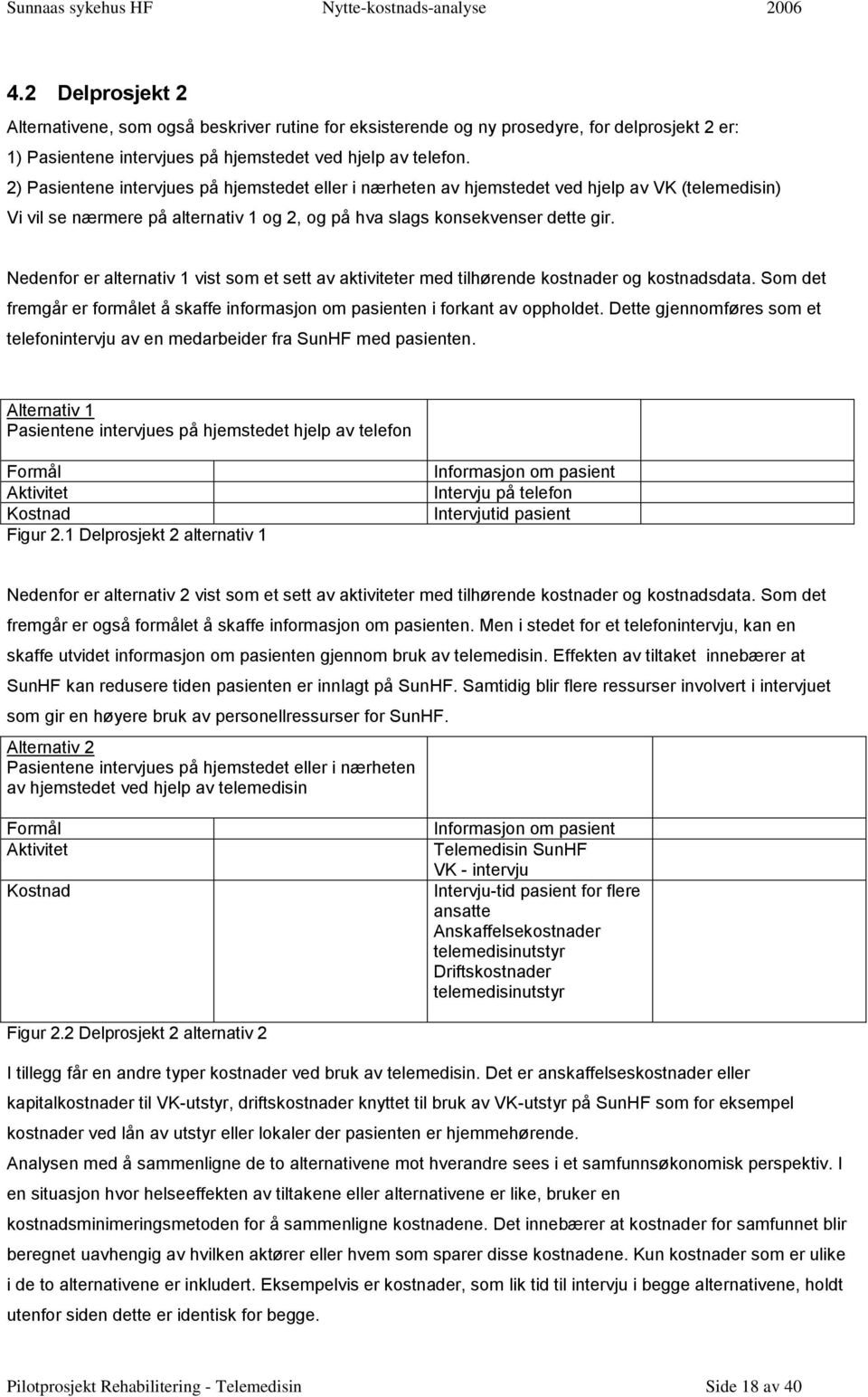 Nedenfor er alternativ 1 vist som et sett av aktiviteter med tilhørende kostnader og kostnadsdata. Som det fremgår er formålet å skaffe informasjon om pasienten i forkant av oppholdet.