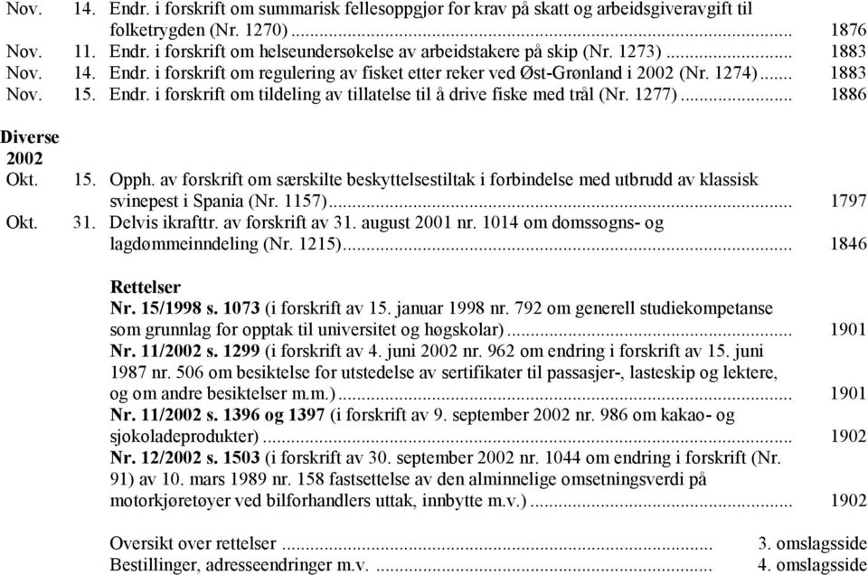 1277)... 1886 Diverse 2002 Okt. Okt. 15. Opph. av forskrift om særskilte beskyttelsestiltak i forbindelse med utbrudd av klassisk svinepest i Spania (Nr. 1157)... 1797 31. Delvis ikrafttr.