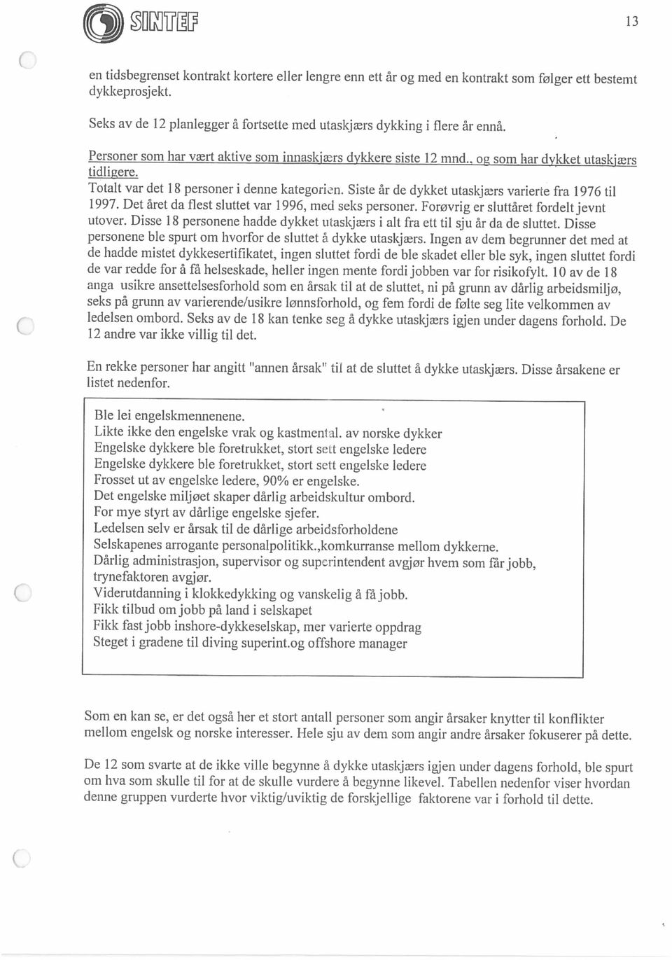 Siste ãr de dykket utaskjars varierte fra 1976 til en tidsbegrenset kontrakt kortere eller lengre enn ett âr og med en kontrakt som følger ett besternt 1997.