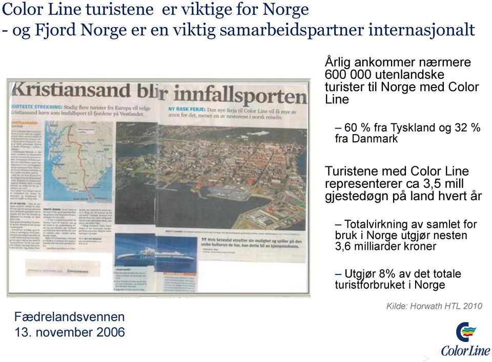 Line representerer ca 3,5 mill gjestedøgn på land hvert år Totalvirkning av samlet for bruk i Norge utgjør nesten 3,6