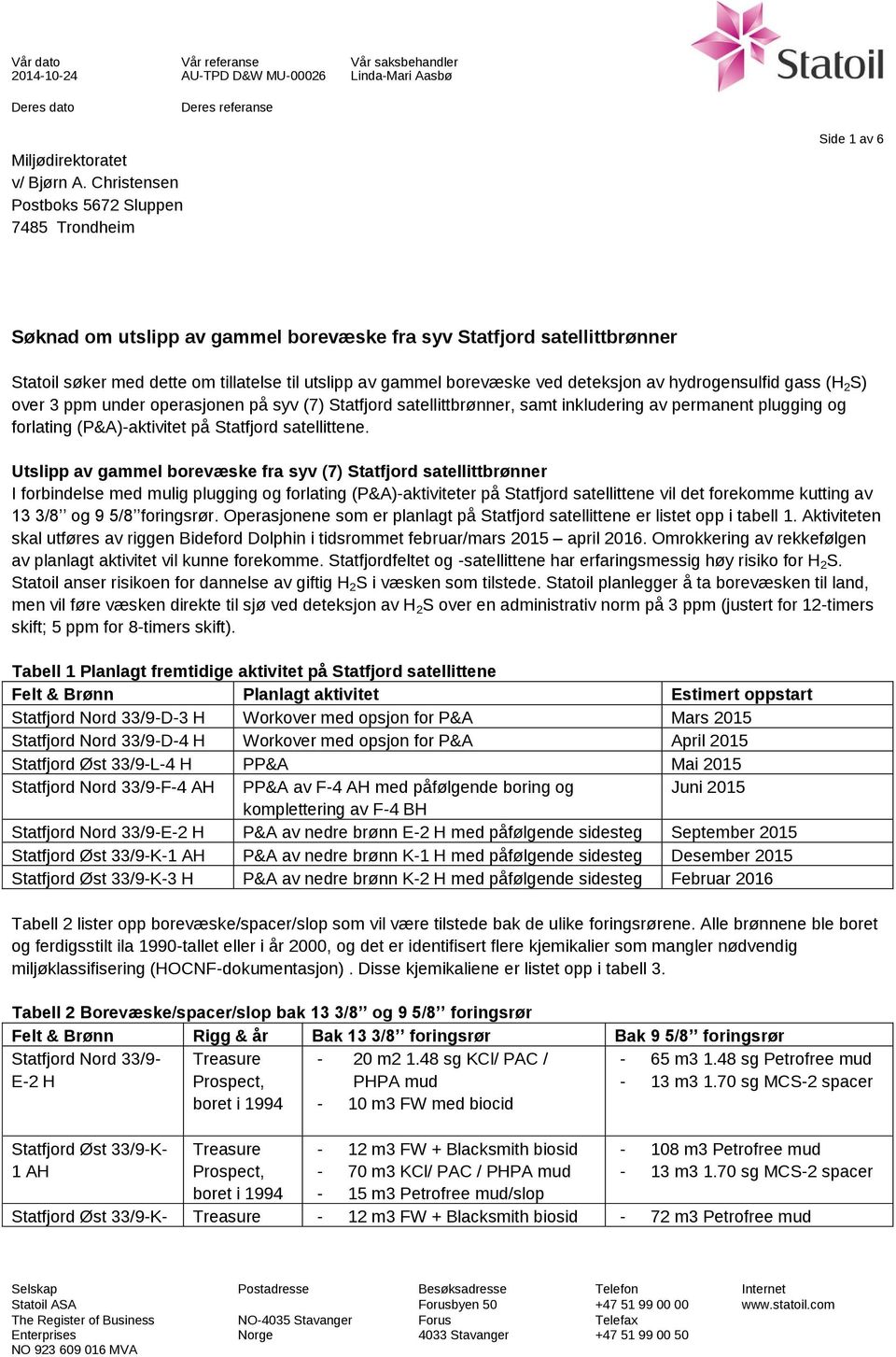 borevæske ved deteksjon av hydrogensulfid gass (H 2 S) over 3 ppm under operasjonen på syv (7) Statfjord satellittbrønner, samt inkludering av permanent plugging og forlating (P&A)-aktivitet på