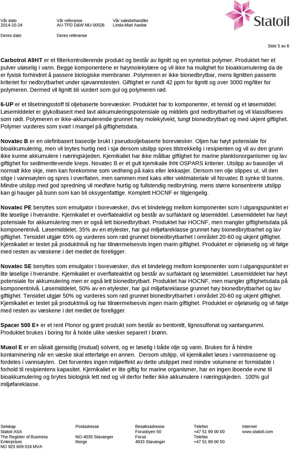 Polymeren er ikke bionedbrytbar, mens lignitten passerte kriteriet for nedbrytbarhet under sjøvannstesten. Giftighet er rundt 42 ppm for lignitt og over 3000 mg/liter for polymeren.