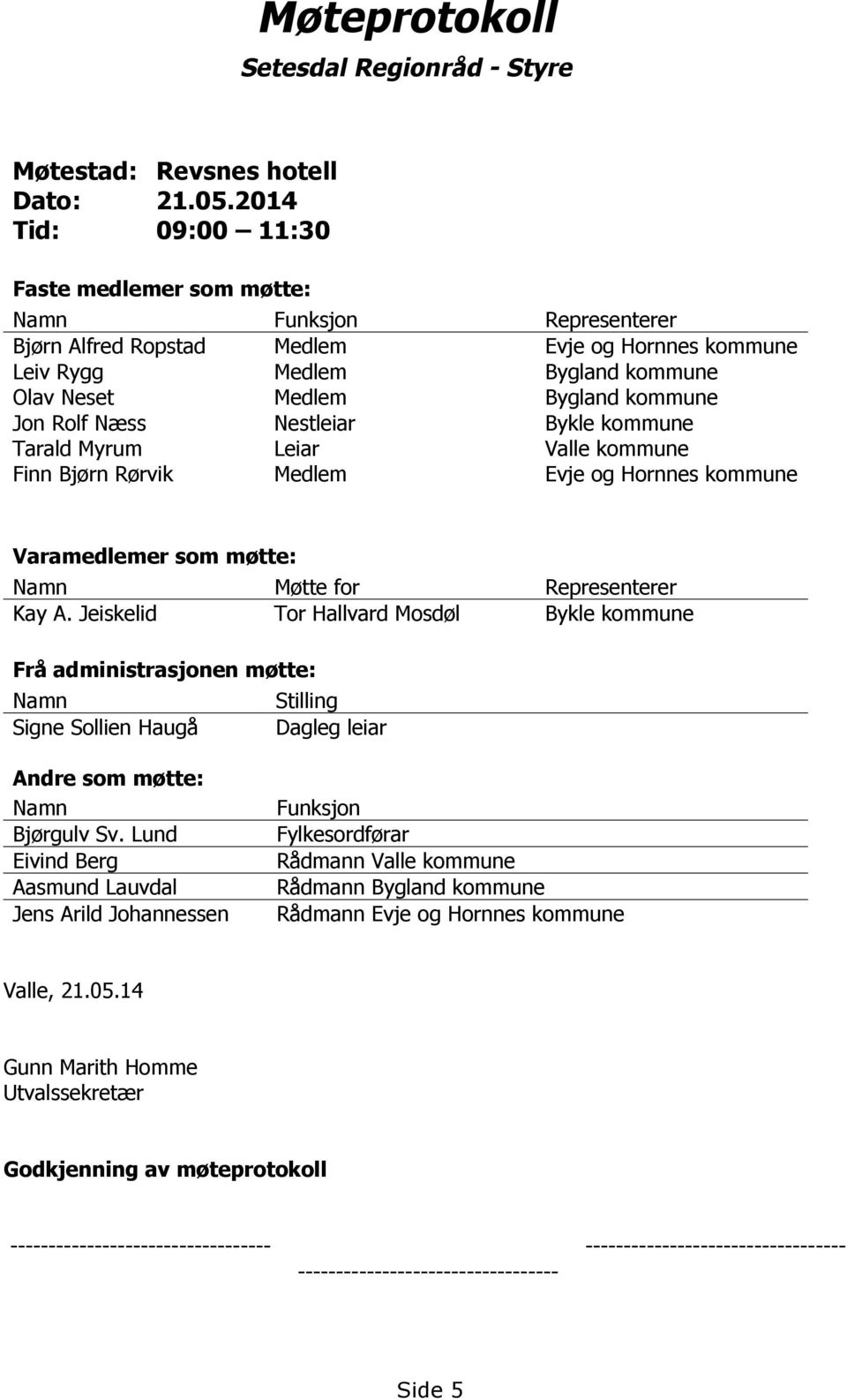 Rolf Næss Nestleiar Bykle kommune Tarald Myrum Leiar Valle kommune Finn Bjørn Rørvik Medlem Evje og Hornnes kommune Varamedlemer som møtte: Namn Møtte for Representerer Kay A.