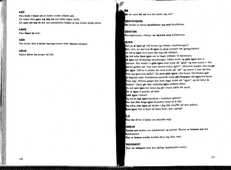 are vent, du skal nok fa igjen en gang (trussel om gjengjeldelse)! u ma ta igjen hvis noen slar deg (sla tilbake). I.g skal reise hjem igjen om to dager (tilbake til hjemmet).