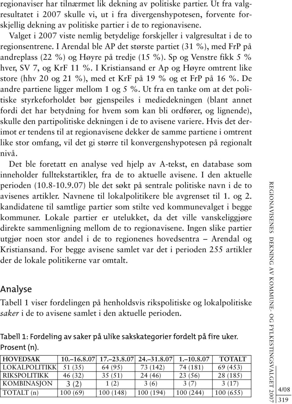 Valget i 2007 viste nemlig betydelige forskjeller i valgresultat i de to regionsentrene. I Arendal ble AP det største partiet (31 %), med FrP på andreplass (22 %) og Høyre på tredje (15 %).