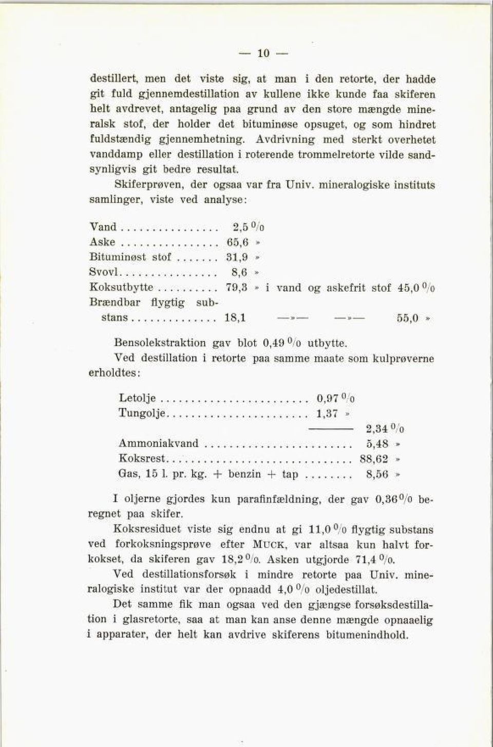 Avdrivning med sterkt overhetet vanddamp eller destillation i roterende trommelretorte vilde sand synligvis git bedre resultat. Skiferprøven, der ogsaa var fra Univ.