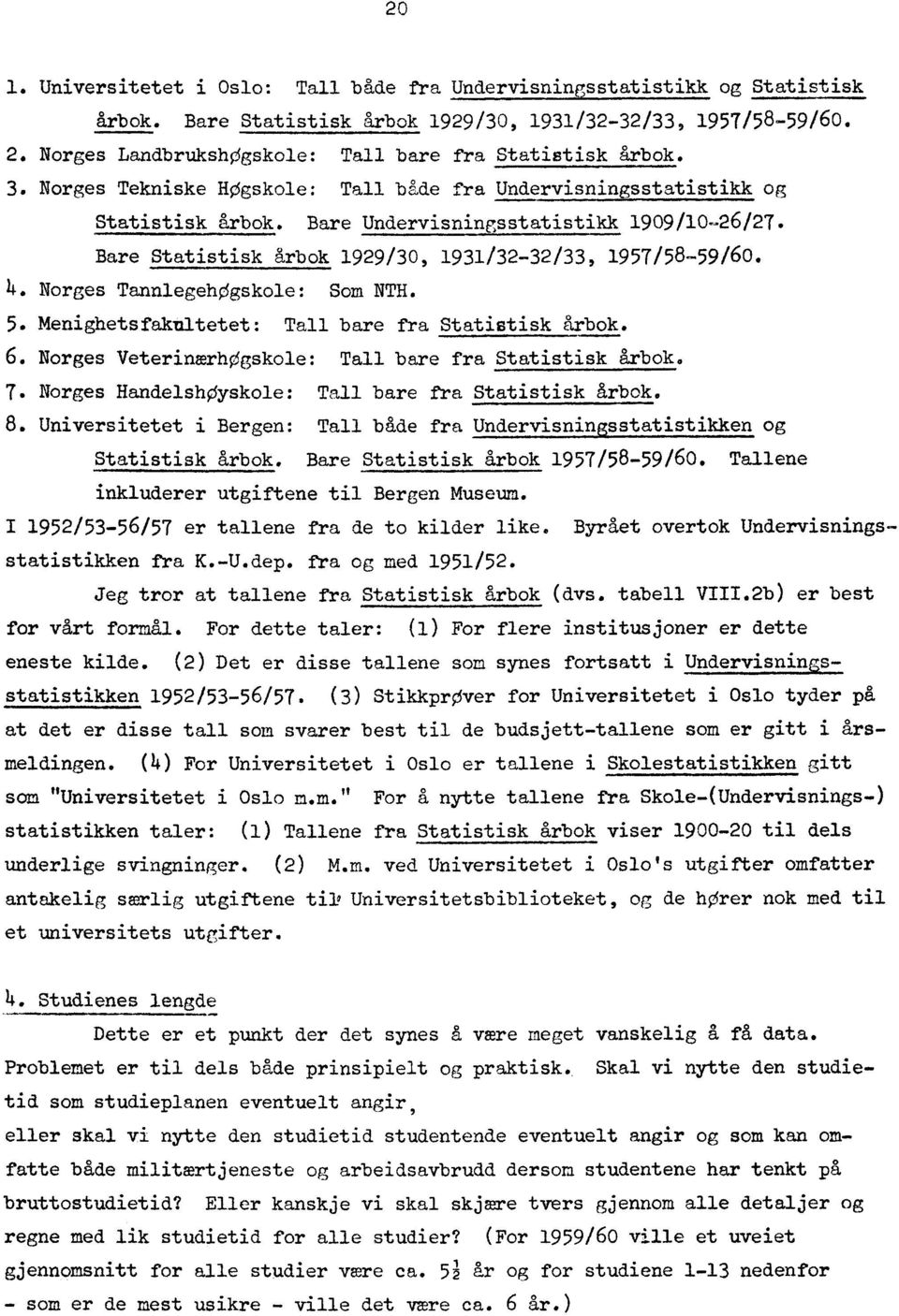 Bare Statistisk årbok 1929/30, 1931/32-32/33, 1957/58-59/60. 4. Norges TannlegehOgskole: Som NTH. 5. Menighetsfakultetet: Tall bare fra Statistisk årbok. 6.