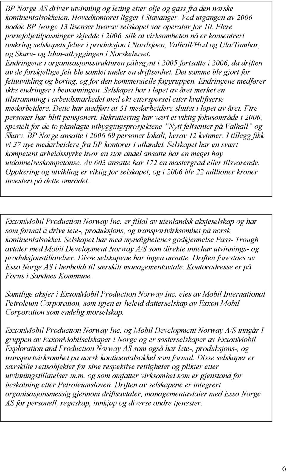 Flere porteføljetilpasninger skjedde i 2006, slik at virksomheten nå er konsentrert omkring selskapets felter i produksjon i Nordsjøen, Valhall/Hod og Ula/Tambar, og Skarv- og Idun-utbyggingen i