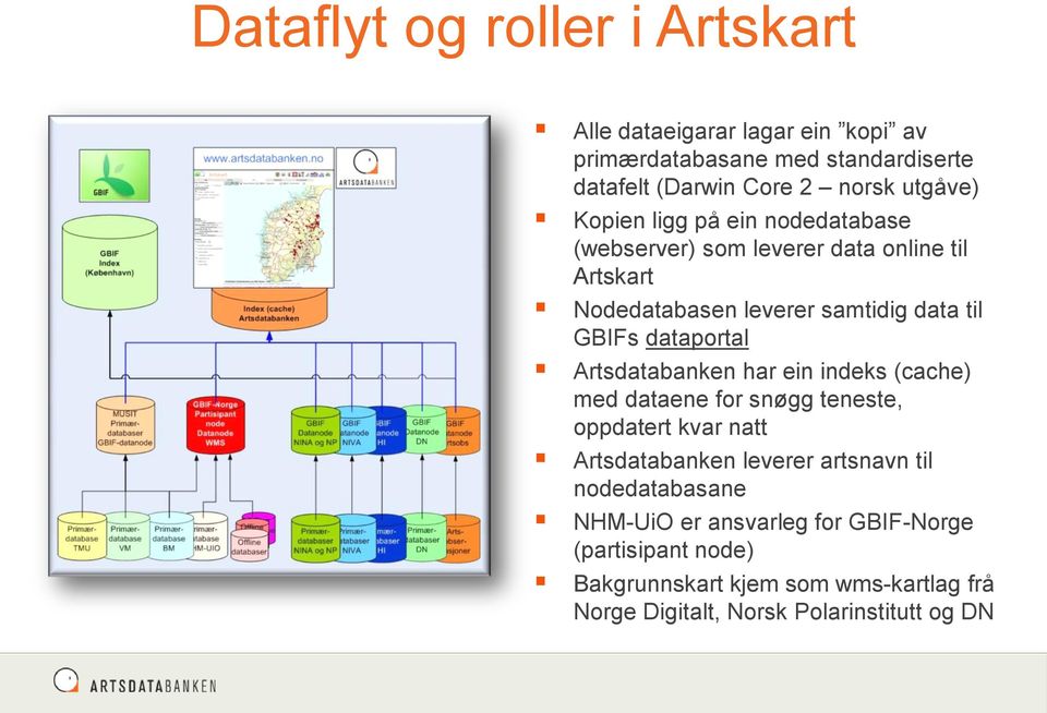 Artsdatabanken har ein indeks (cache) med dataene for snøgg teneste, oppdatert kvar natt Artsdatabanken leverer artsnavn til