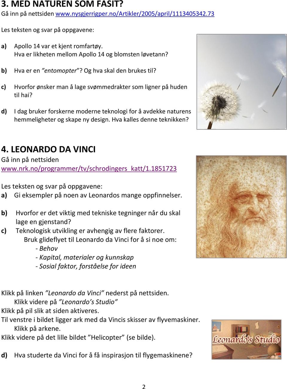 d) I dag bruker forskerne moderne teknologi for å avdekke naturens hemmeligheter og skape ny design. Hva kalles denne teknikken? 4. LEONARDO DA VINCI Gå inn på nettsiden www.nrk.