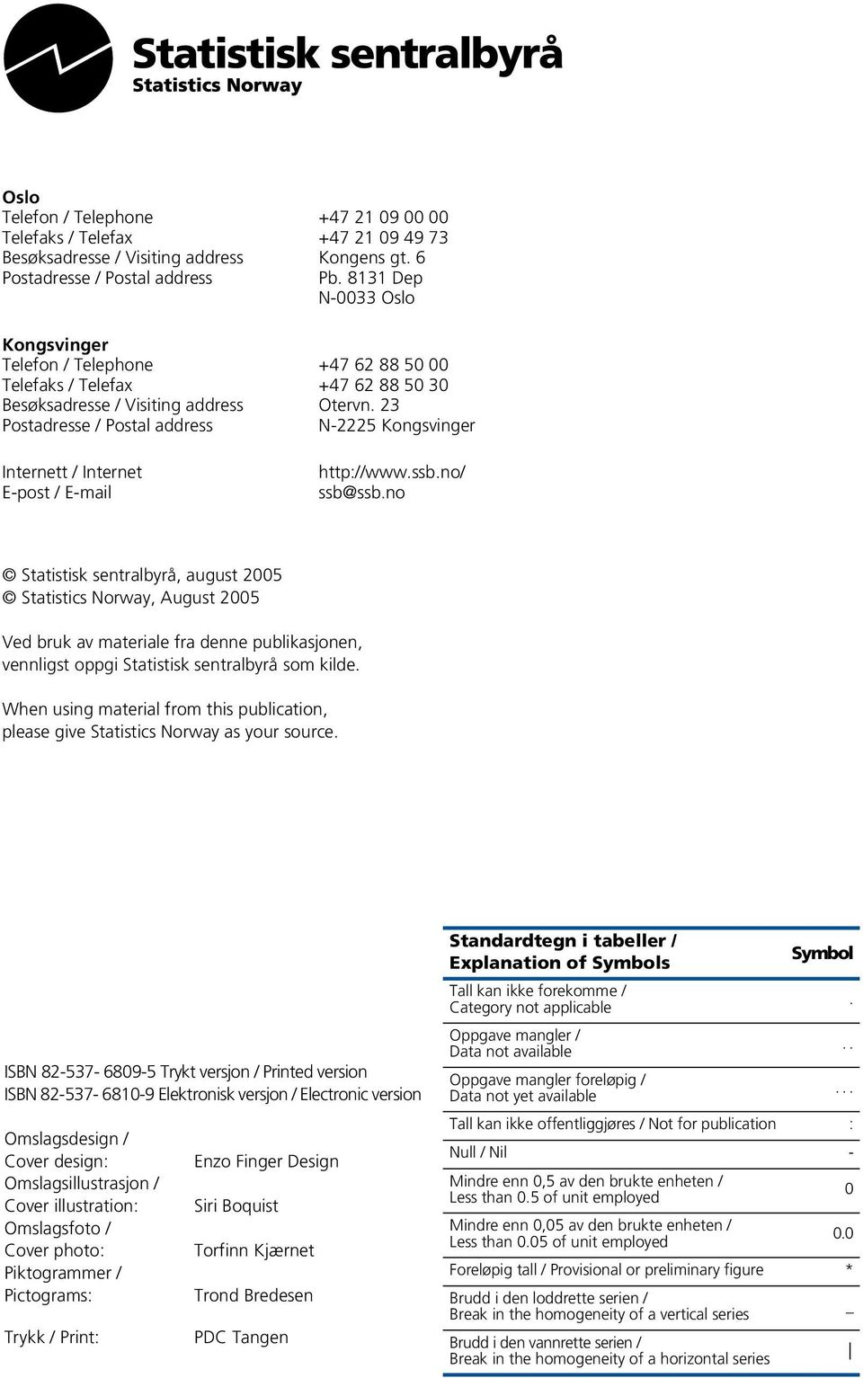 23 Postadresse / Postal address N-2225 Kongsvinger Internett / Internet E-post / E-mail http://www.ssb.no/ ssb@ssb.