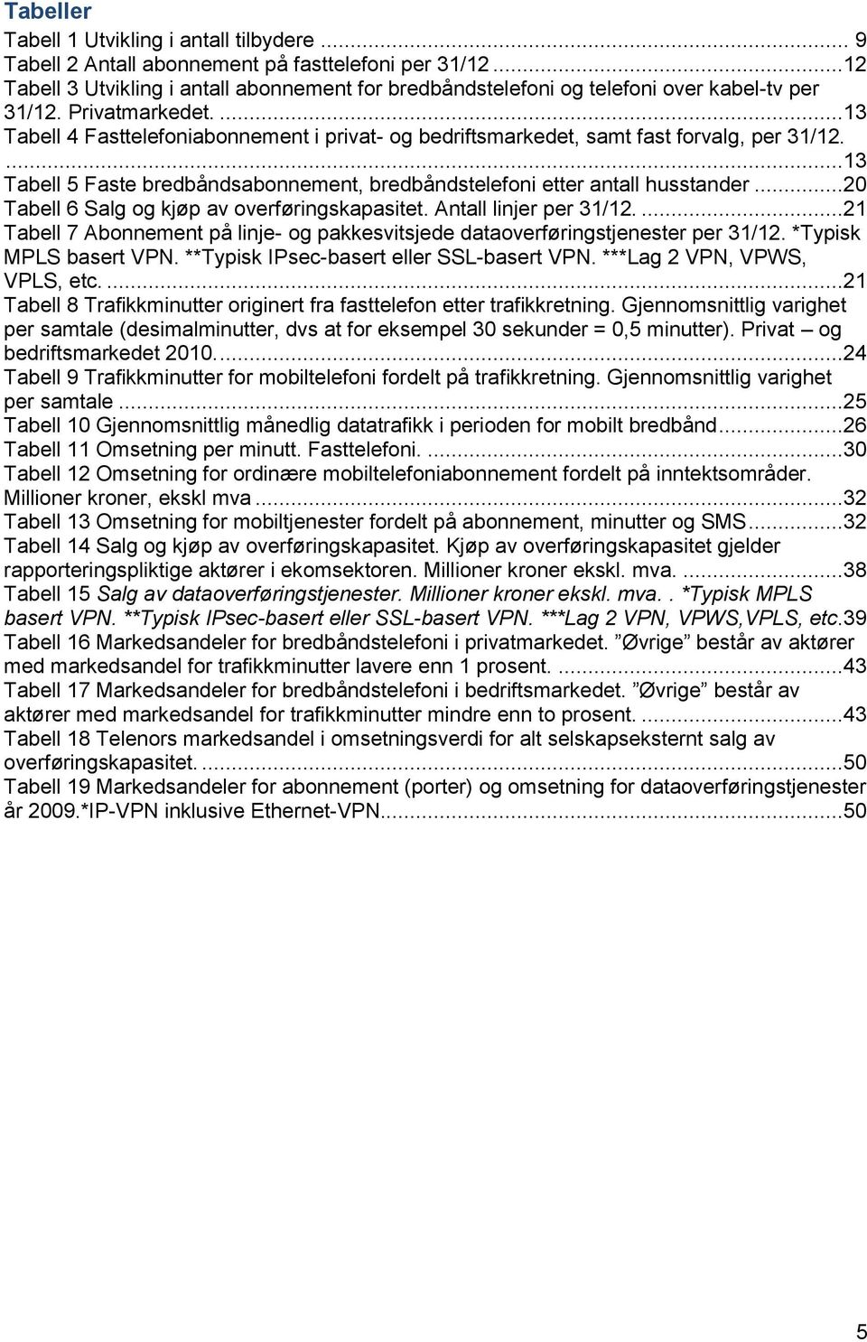 ...13 Tabell 4 Fasttelefoniabonnement i privat- og bedriftsmarkedet, samt fast forvalg, per 31/12....13 Tabell 5 Faste bredbåndsabonnement, bredbåndstelefoni etter antall husstander.