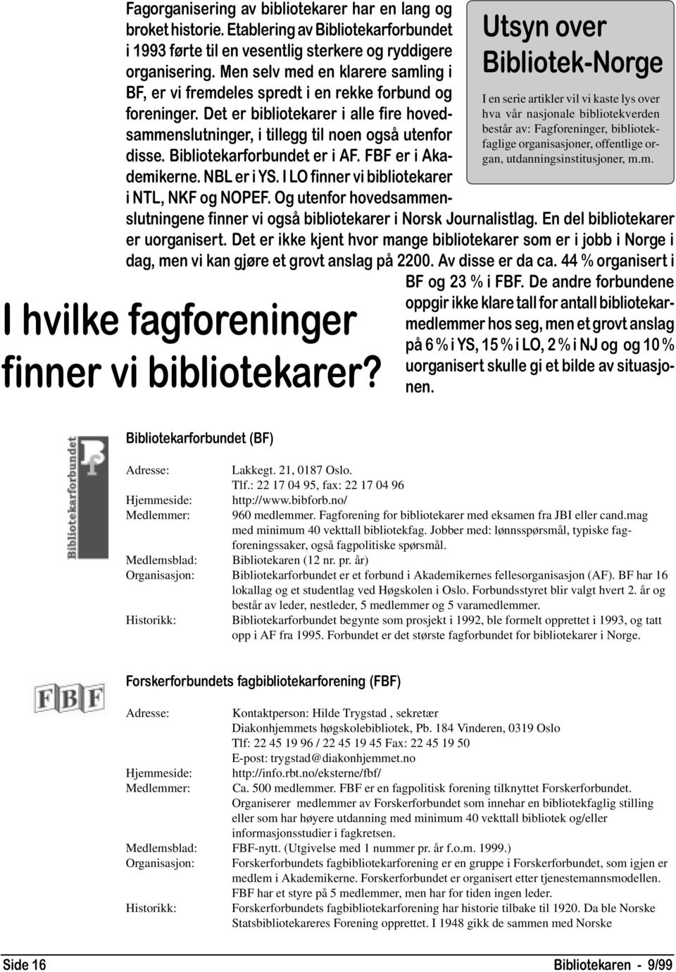 Etablering av Bibliotekarforbundet i 1993 førte til en vesentlig sterkere og ryddigere organisering. Men selv med en klarere samling i BF, er vi fremdeles spredt i en rekke forbund og foreninger.