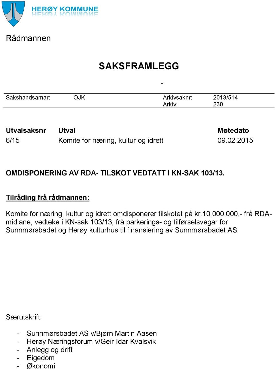 Tilråding frå rådmannen: Komite for næring, kultur og idrett omdisponerer tilskotet på kr.10.000.