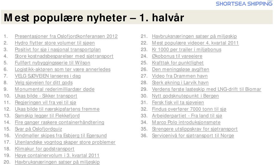 Monumental rederimilliardær døde 10. Ukas bilde - Sikker transport 11. Regjeringen vil fra vei til sjø 12. Ukas bilde til nærskipsfartens fremme 13. Samskip legger til Flekkefjord 14.