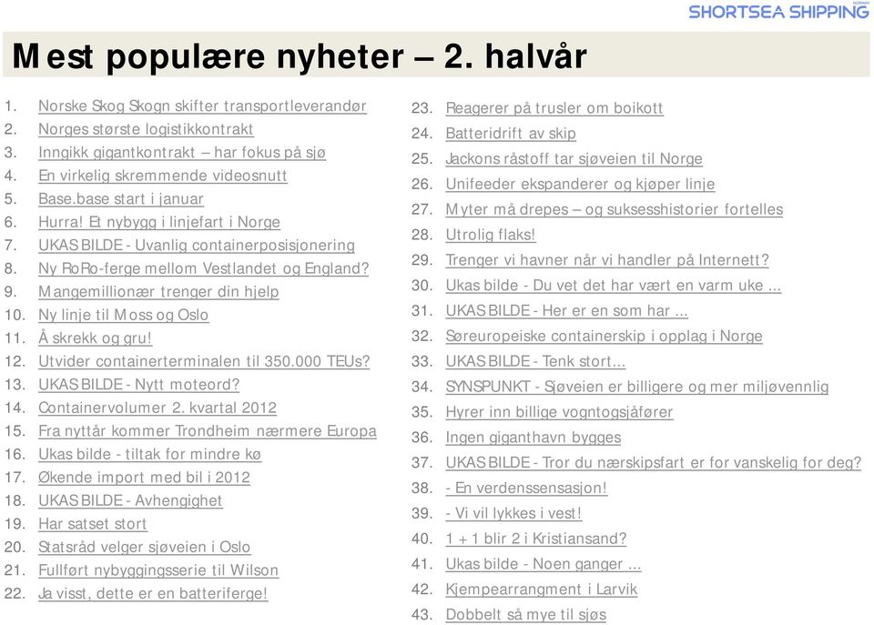 Ny linje til Moss og Oslo 11. Å skrekk og gru! 12. Utvider containerterminalen til 350.000 TEUs? 13. UKAS BILDE - Nytt moteord? 14. Containervolumer 2. kvartal 2012 15.