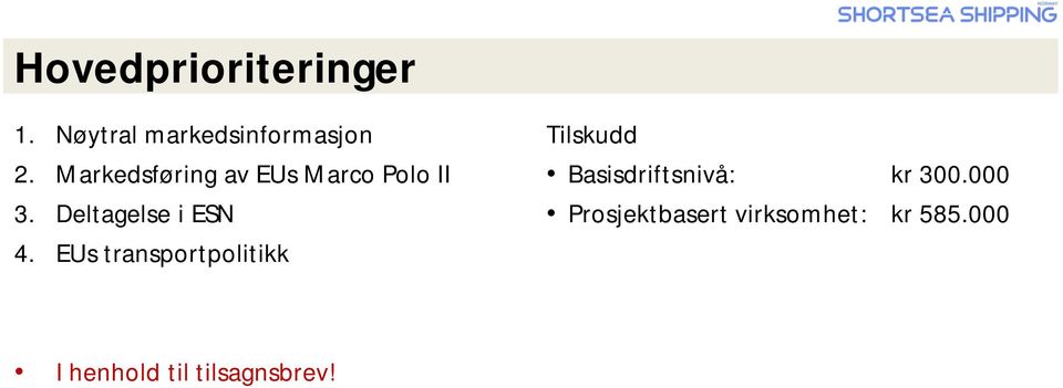 EUs transportpolitikk Tilskudd Basisdriftsnivå: kr 300.