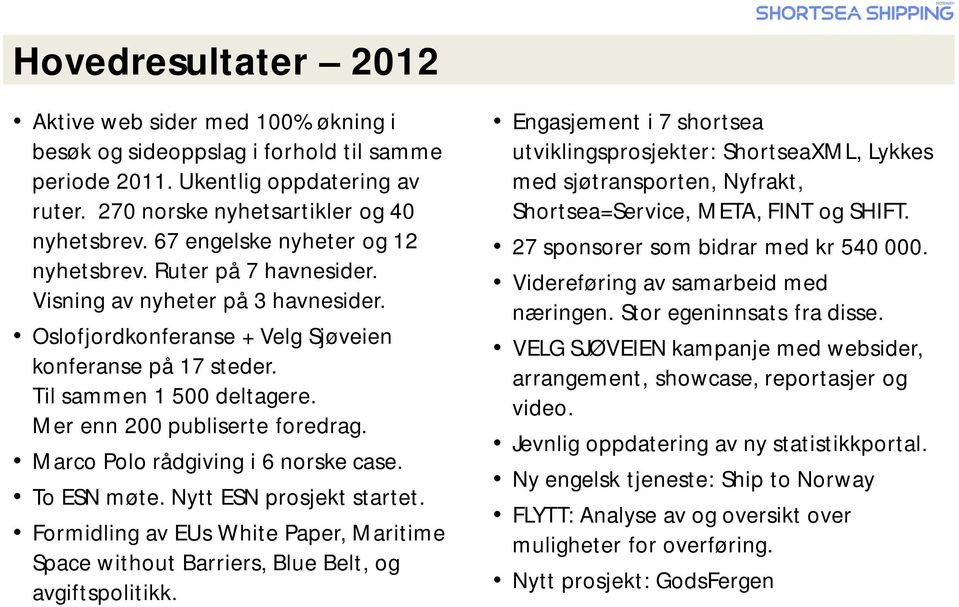 Mer enn 200 publiserte foredrag. Marco Polo rådgiving i 6 norske case. To ESN møte. Nytt ESN prosjekt startet.