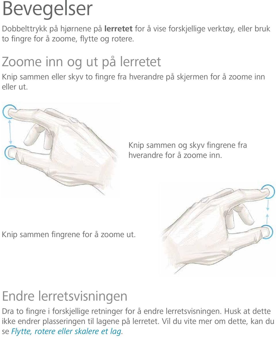 Knip sammen og skyv fingrene fra hverandre for å zoome inn. Knip sammen fingrene for å zoome ut.