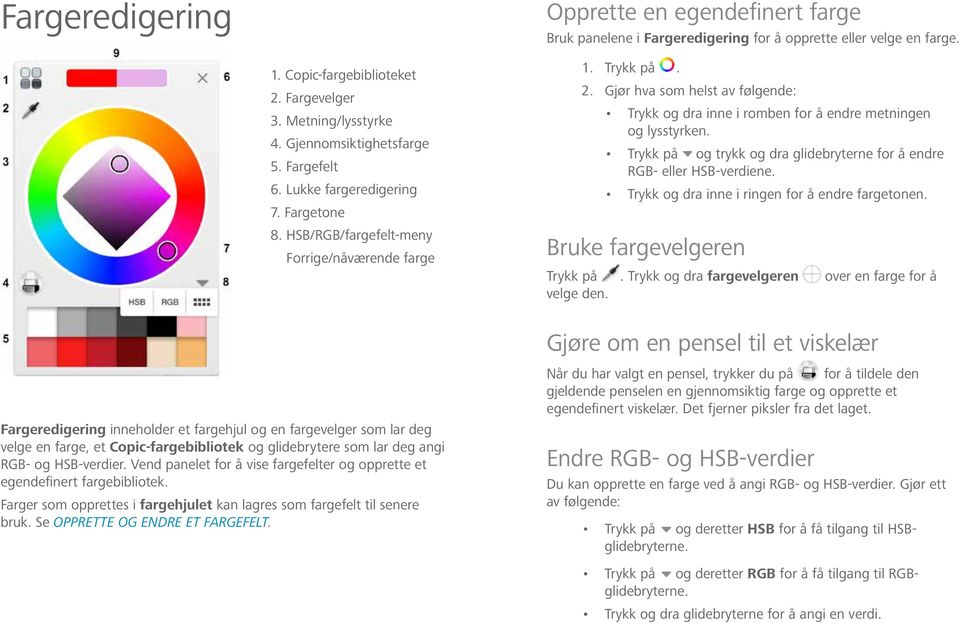 HSB/RGB/fargefelt-meny Forrige/nåværende farge Fargeredigering inneholder et fargehjul og en fargevelger som lar deg velge en farge, et Copic-fargebibliotek og glidebrytere som lar deg angi RGB- og