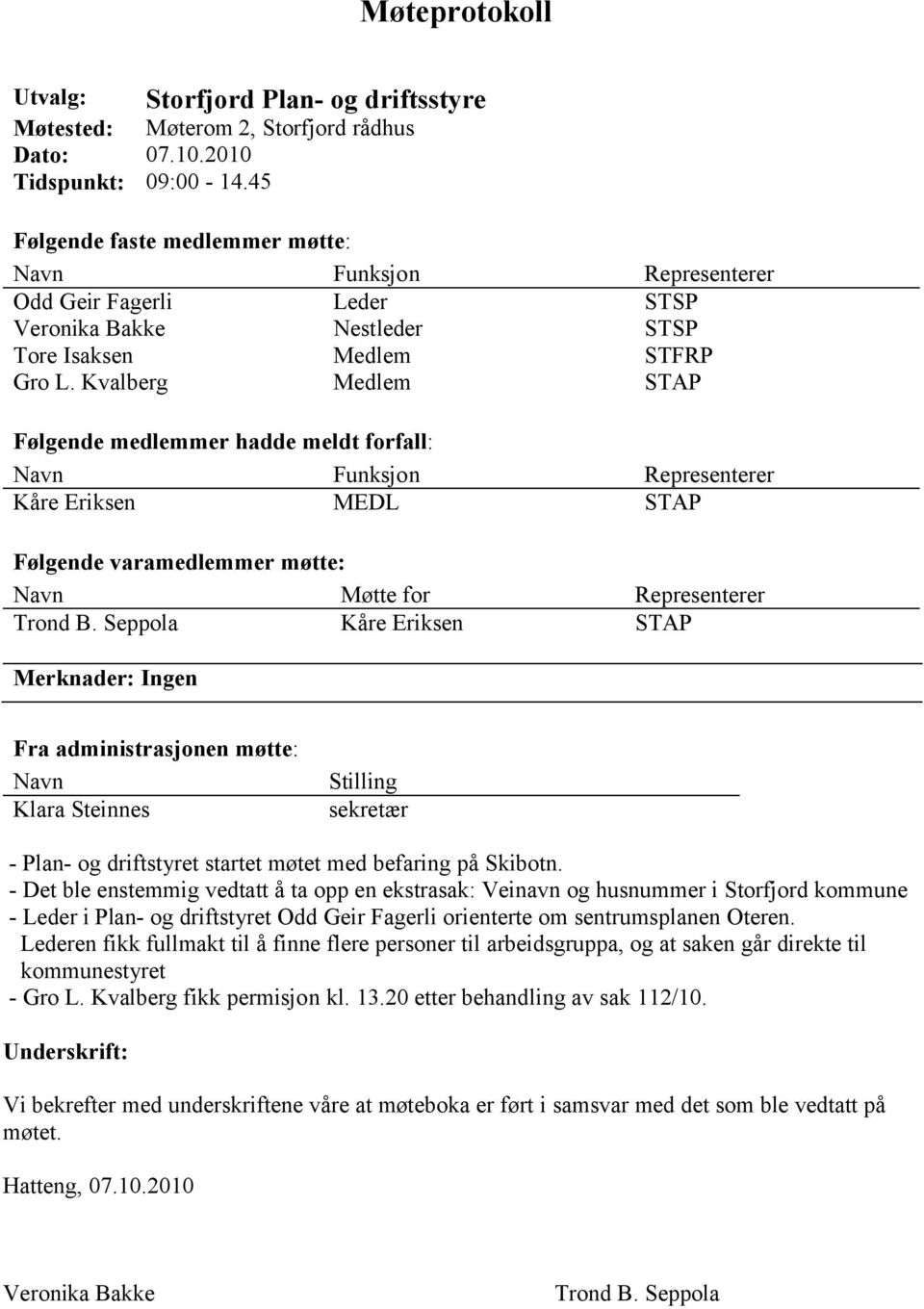 Kvalberg Medlem STAP Følgende medlemmer hadde meldt forfall: Navn Funksjon Representerer Kåre Eriksen MEDL STAP Følgende varamedlemmer møtte: Navn Møtte for Representerer Trond B.