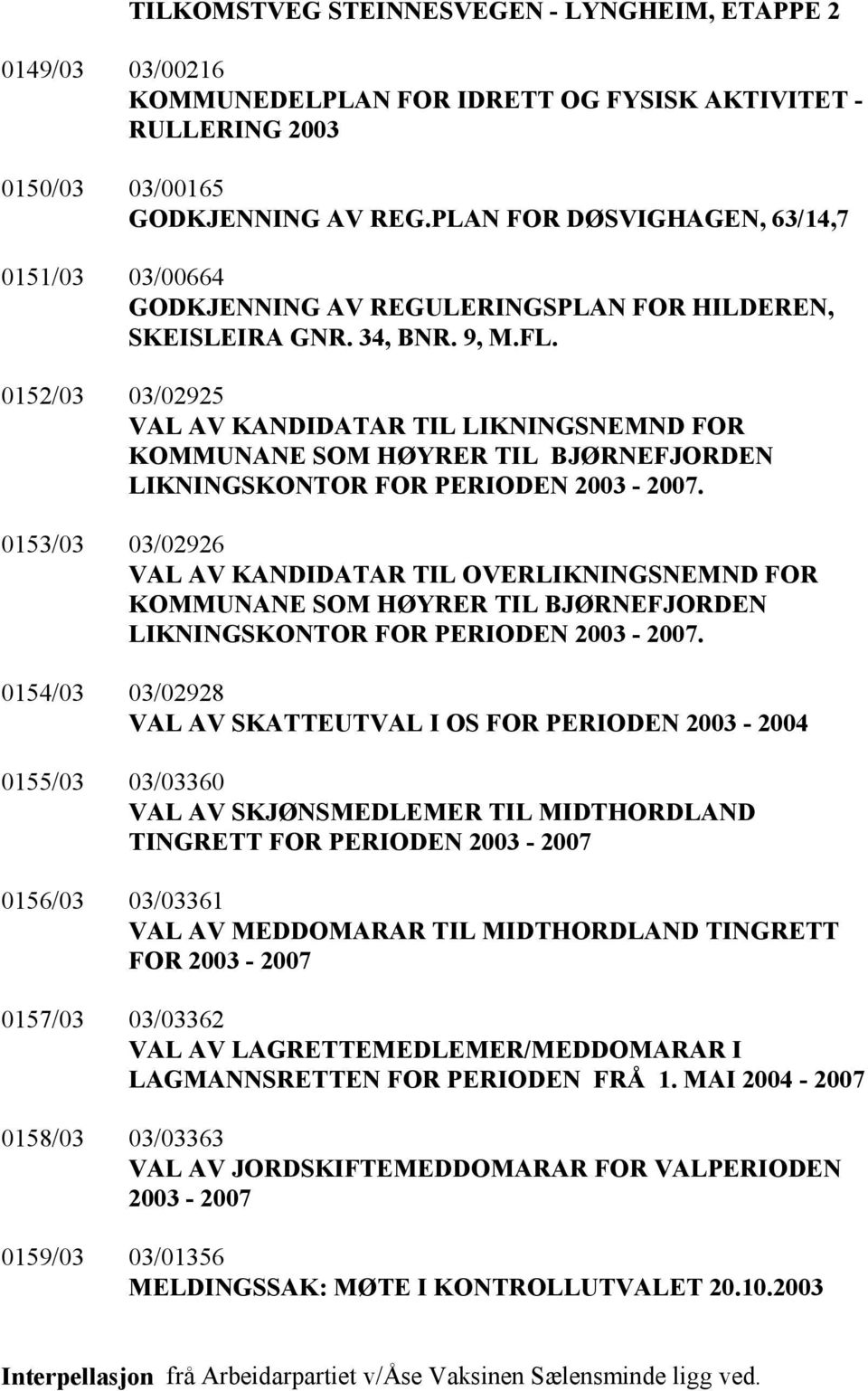 0152/03 03/02925 VAL AV ANDIDATAR TIL LININGSNEMND FOR OMMUNANE SOM HØYRER TIL BJØRNEFJORDEN LININGSONTOR FOR PERIODEN 2003-2007.
