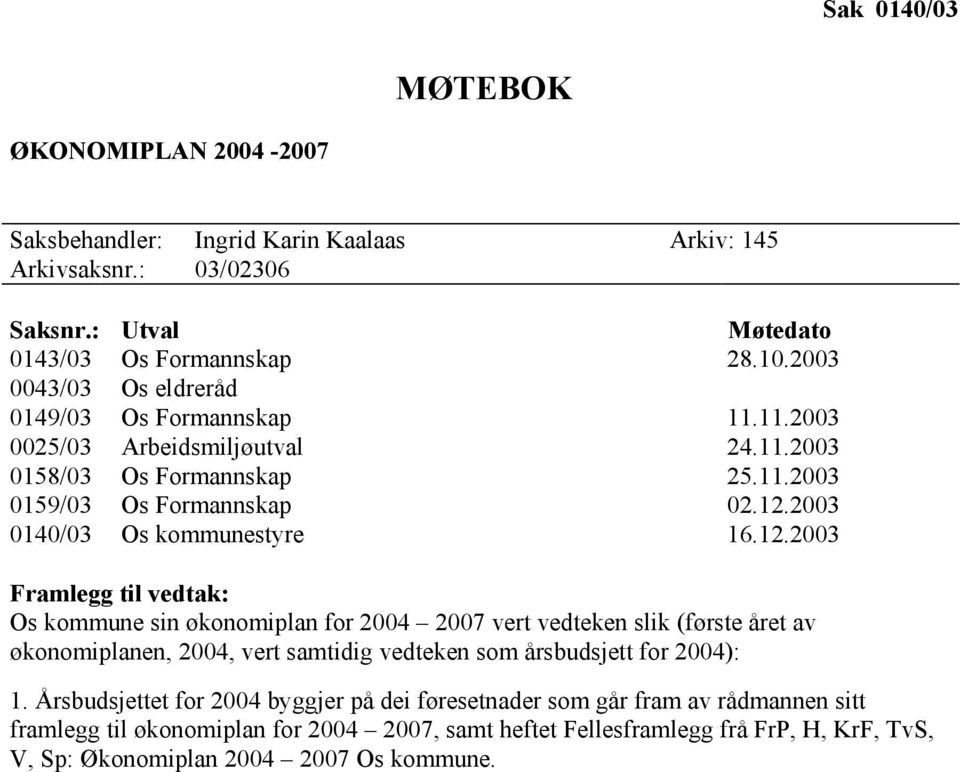 2003 0140/03 Os kommunestyre 16.12.