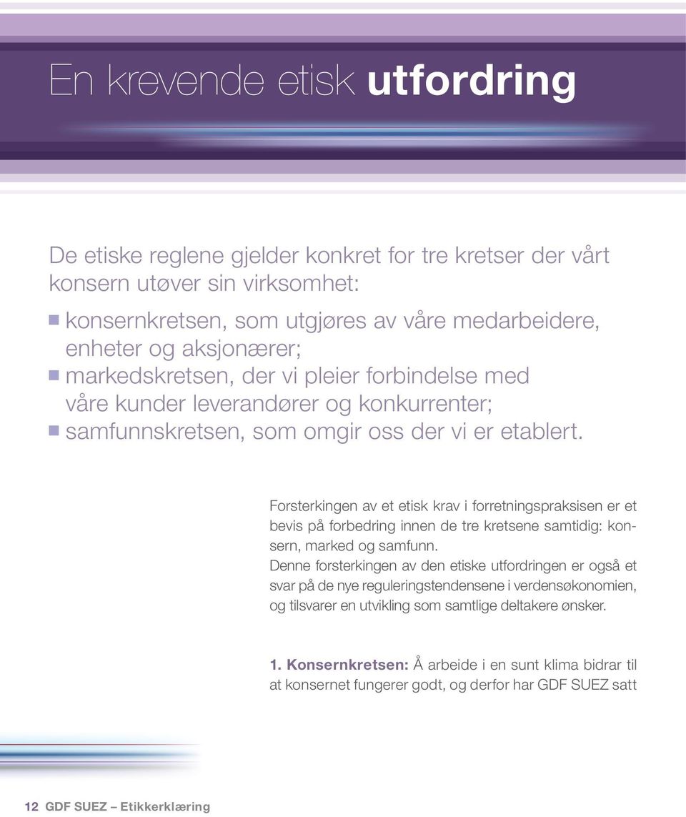 Forsterkingen av et etisk krav i forretningspraksisen er et bevis på forbedring innen de tre kretsene samtidig: konsern, marked og samfunn.