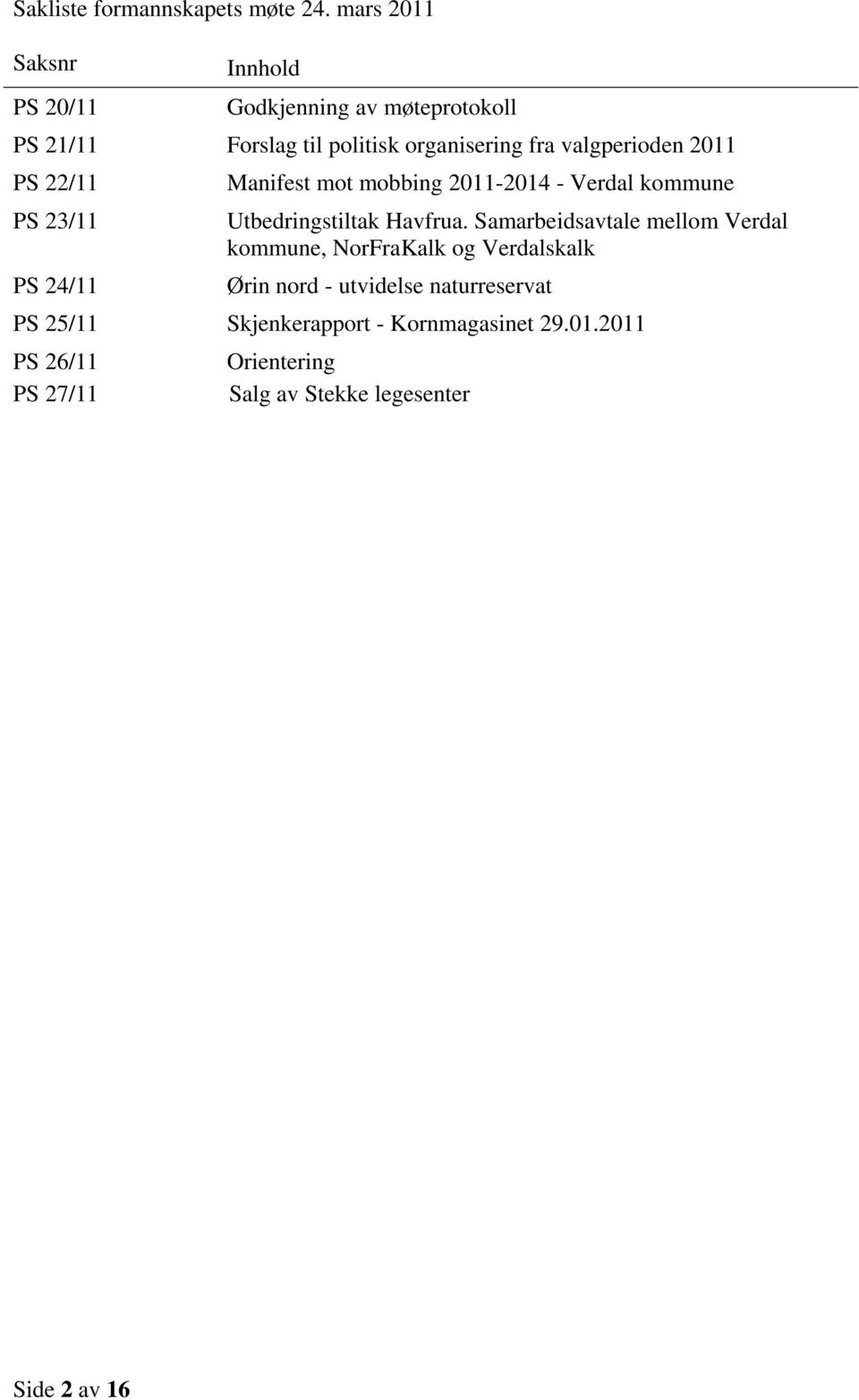 valgperioden 2011 PS 22/11 PS 23/11 PS 24/11 Manifest mot mobbing 2011-2014 - Verdal kommune Utbedringstiltak Havfrua.