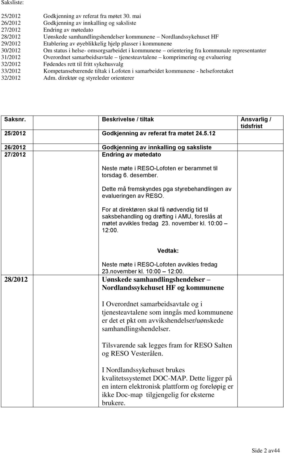 i kommunene 30/2012 Om status i helse- omsorgsarbeidet i kommunene orientering fra kommunale representanter 31/2012 Overordnet samarbeidsavtale tjenesteavtalene komprimering og evaluering 32/2012