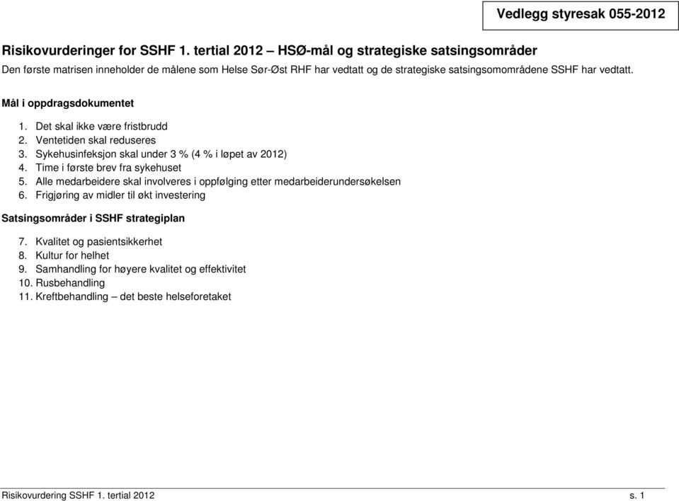 Mål i oppdragsdokumentet 1. Det skal ikke være fristbrudd 2. Ventetiden skal reduseres 3. Sykehusinfeksjon skal under 3 % (4 % i løpet av 2012) 4. Time i første brev fra sykehuset 5.