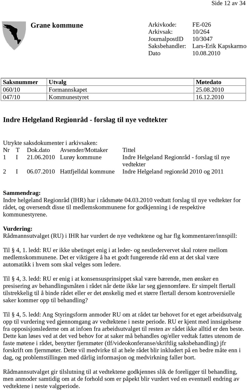 2010 Lurøy kommune Indre Helgeland Regionråd - forslag til nye vedtekter 2 I 06.07.