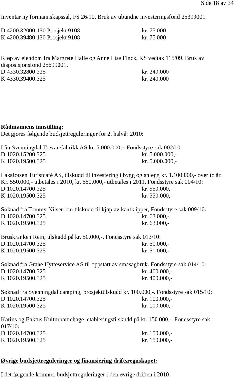 000 K 4330.39400.325 kr. 240.000 Rådmannens innstilling: Det gjøres følgende budsjettreguleringer for 2. halvår 2010: Lån Svenningdal Trevarefabrikk AS kr. 5.000.000,-. Fondsstyre sak 002/10. D 1020.