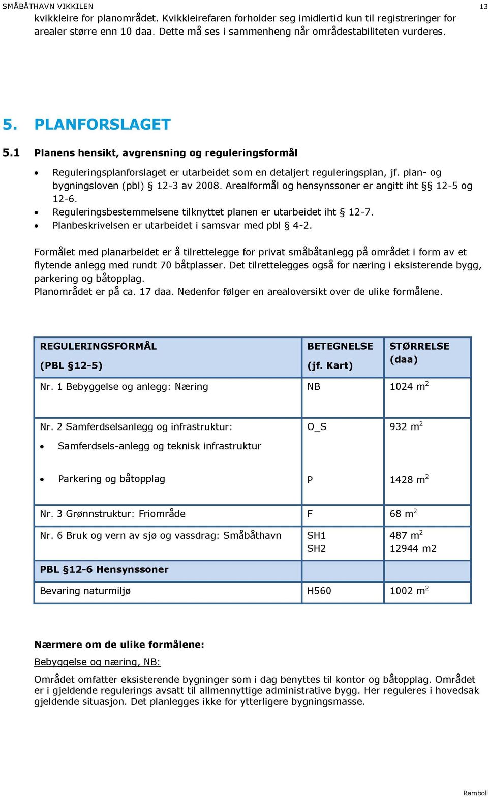 1 Planens hensikt, avgrensning og reguleringsformål Reguleringsplanforslaget er utarbeidet som en detaljert reguleringsplan, jf. plan - og bygningsloven (pbl) 12-3 av 2008.